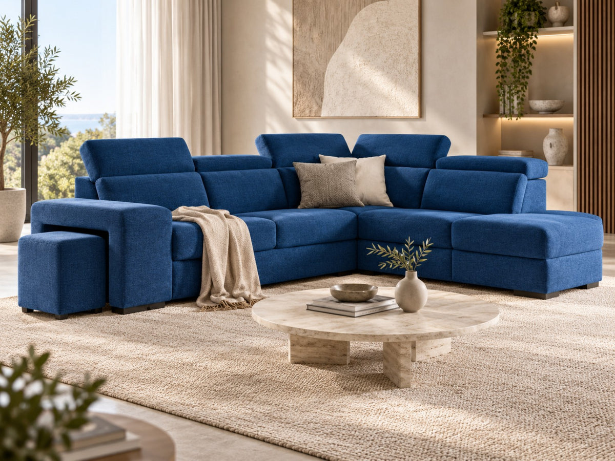 Divano Asia blu elettrico con pouf integrati nel bracciolo